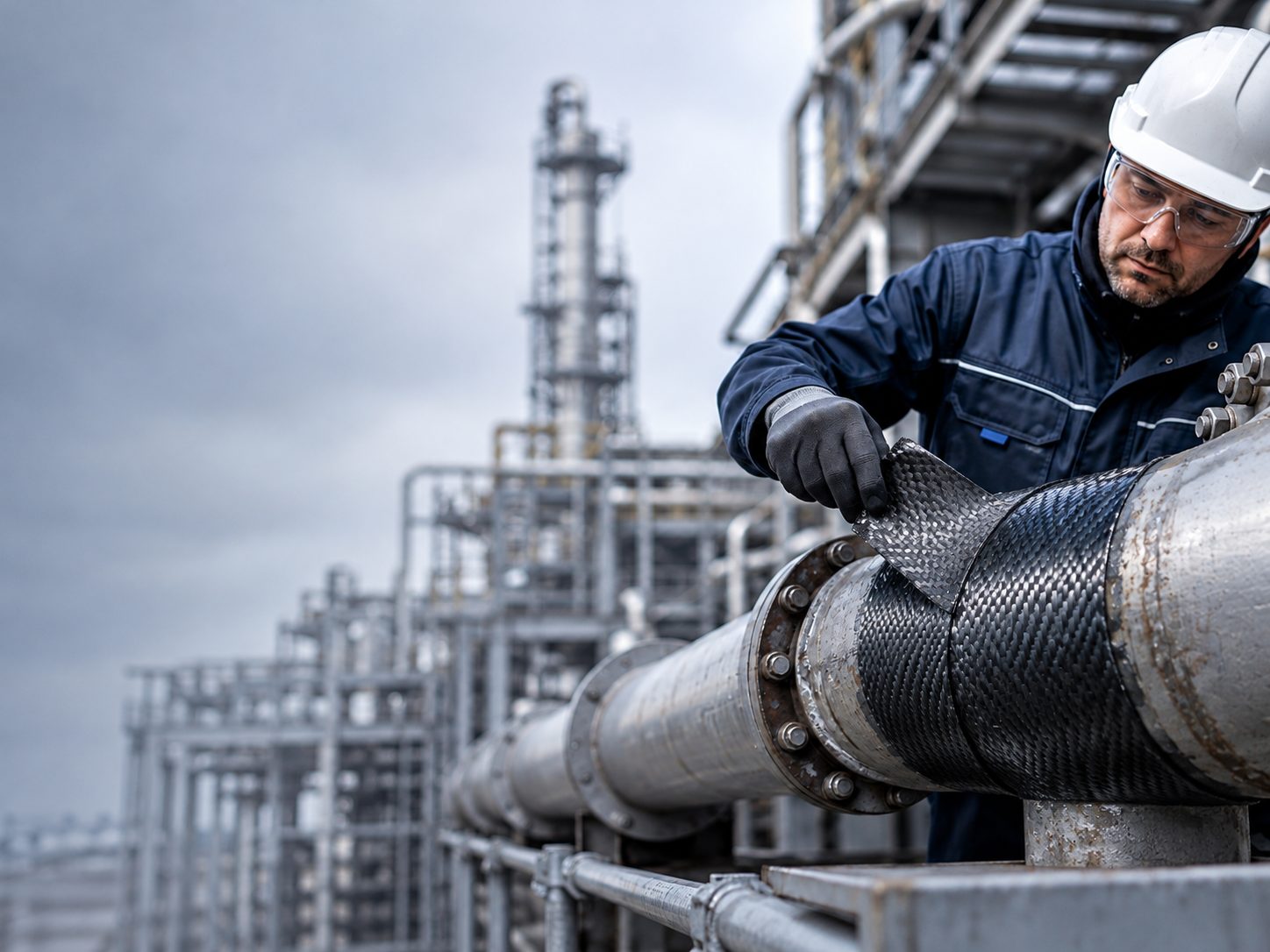 Techniker umwickelt eine Rohrleitung mit Composite-Gewebe – industrielle Instandhaltung DSM Rostock